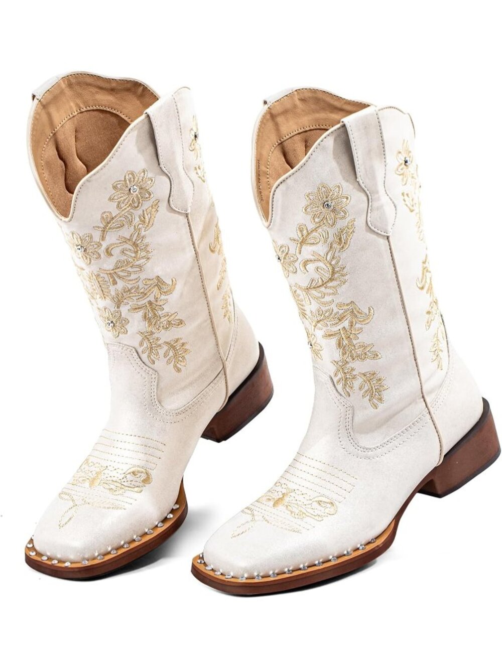 Women's White V-Cut Mid-Calf Rhinestone Square Toe Western Sparkle Cowgirl Boots